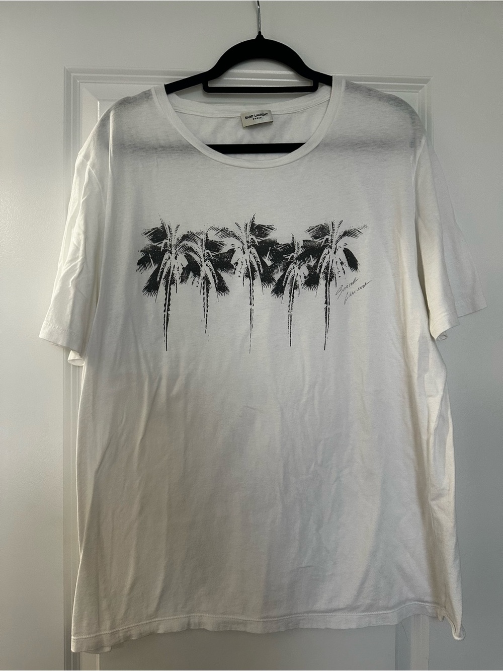 Saint Laurent White T-Shirt with Black Palm Print
